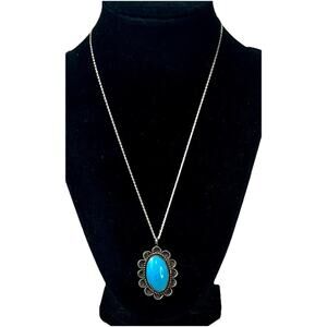 VTG Sterling Silver Old Pawn Turquoise Pendant 925 Necklace Oval Blue Cabochon